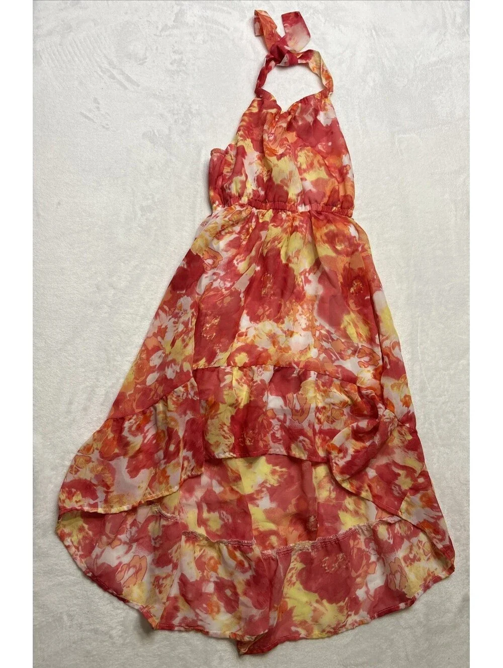 Place Girls Halter Summer Dress Pink Multicolor Floral Hi-Lo Hem Size 5/6